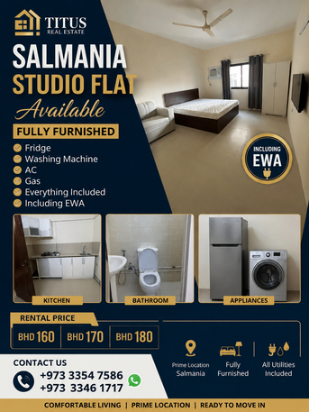 Salmaniya, Apartments, Flats, Houses & Villas, BHD 160/month,  Furnished,  1 BR,  Studio Flat Available