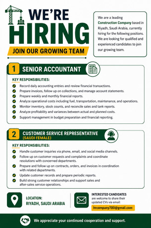 Riyadh, Jobs, Senior Accountant & Customer Service Representative (Saudi Female)
