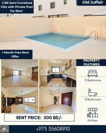 Juffair, Apartments, Flats, Houses & Villas, BHD 500/month,  3 BR,  240 Sq. Meter,  1 Month Free Rent- 3  BR Semi Furnished Villa With Private Pool Old Juffair