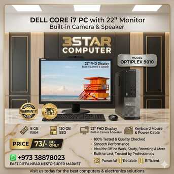 Manama, Tablet Computers, BHD 73,  Dell I7 PC 8GB RAM 22" FHD Monitor Built-in Camera, Speaker Plug & Play Teams,Zoom Install