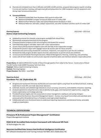 Dammam, Job Seekers, Junior Planner / Scheduler / Business Intelligence / Project Control Engineer