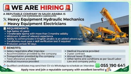 Riyadh, Jobs, Heavy Equipment Hydraulic Mechanics & Electricians Vacancies