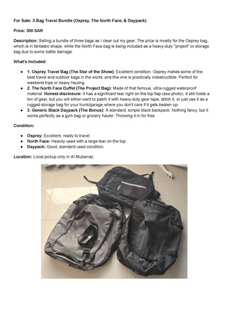 Juffair, Sporting Goods, BHD 30,  3-Bag Travel Bundle (Osprey, The North Face, & Daypack)