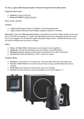 Juffair, Electronics, BHD 20,  Logitech Z523 Speaker System Bluetooth Adapter Bundle USA Import