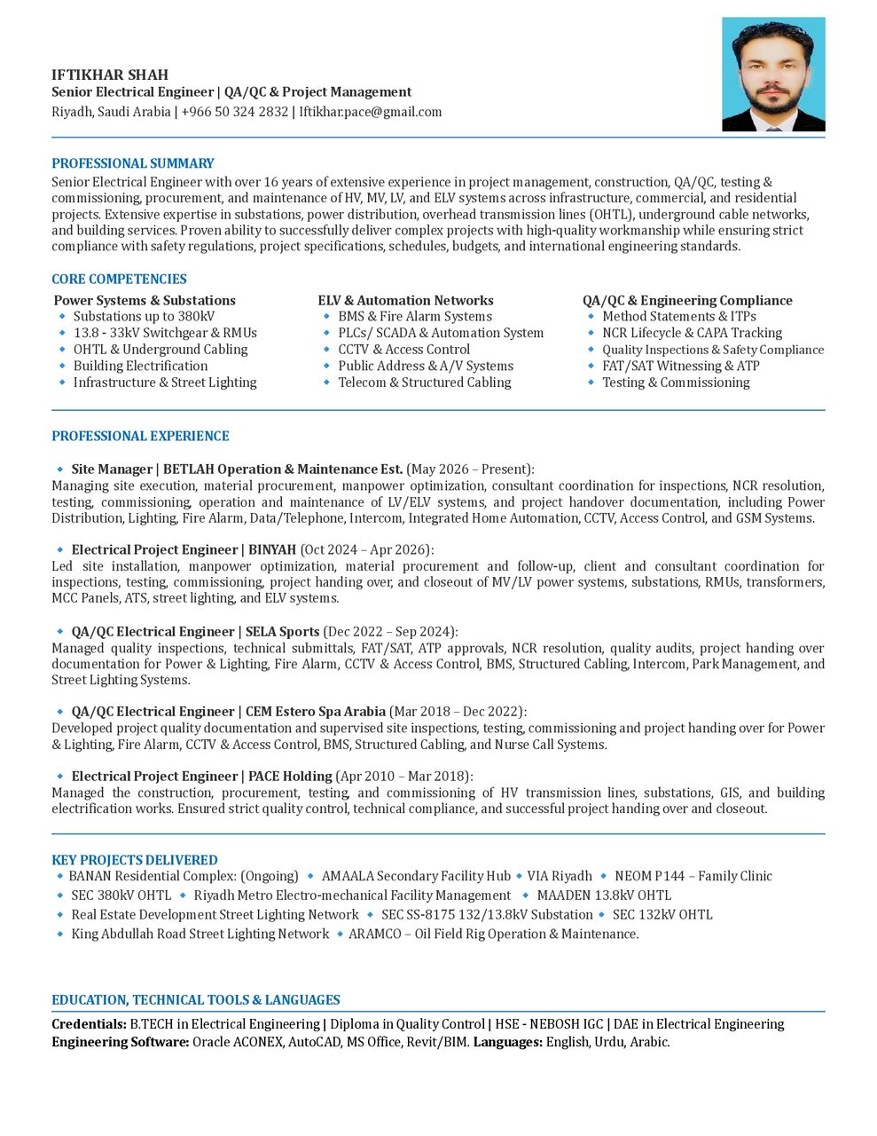 Riyadh, Job Seekers, Sr. Electrical Engineer |16+ Years - Site Execution | QA/QC | Testing & Commissioning.