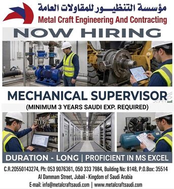 Dammam, Jobs, MECHANICAL SUPERVISOR