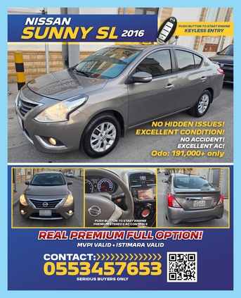 Al Faisaliyah, Vehicles, Cars & Trucks , SAR 35000,  NISSAN SUNNY SL,  2016,  Automatic,  191000 KM,   (REAL FULL OPTION - PUSH BUTTON START)