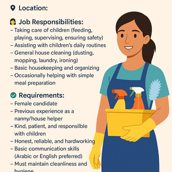 Riyadh, Jobs, Job Opportunity: Female Nanny + House Helper + Cleaner