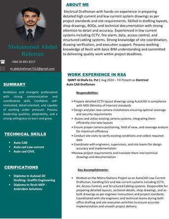 Riyadh, Job Seekers, Electrical & Low Current AutoCAD Draftsman Available