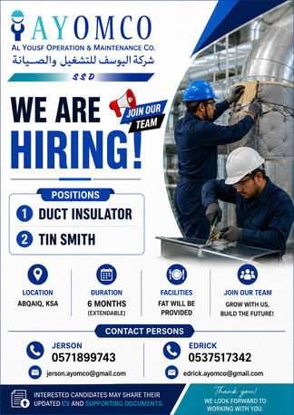 Riyadh, Jobs, URGENT REQUIREMENT-Duct Insulator/Tin Smith