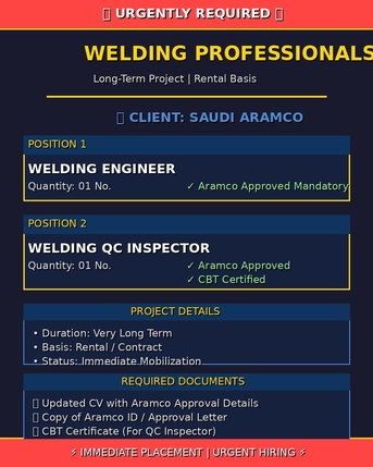 Jubail, Jobs, WELDING ENG WITH ARAMCO APPROVED & WELDING QC INSPECTOR WITH ARAMCO APPROVED & CBT