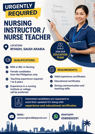 Riyadh, Jobs, Female Philpine Nursing Instructor / Nurse Teacher