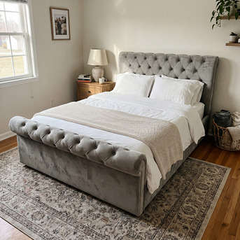 London, Furniture, GBP 0199,  Chesterfield Velvet Side Lift Ottoman Storage Bed, Button Tufted, Single To King