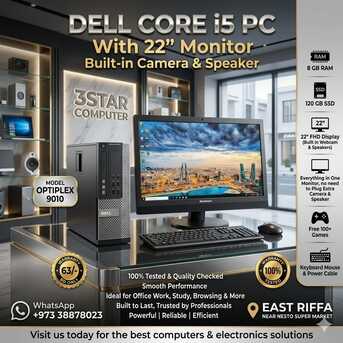 Manama, Computers, BHD 63,  Dell I5 PC 8GB RAM 22" FHD Monitor Built-in Camera, Speaker FREE 100+ Games Plug & Play