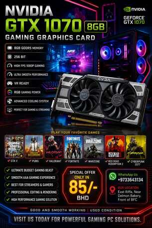 Manama, Computers, BHD 85,  EVGA NVIDIA 8 GB DDR5 Graphics Card 256 Bit (Output DP X 3 / HDMI X 1 / DVI-D 1)