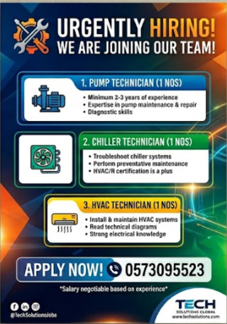 Riyadh, Jobs, I Need A  Pump Tech 1 Nos  Chiller Tech 1 Nos HVAC Tech 1 Nos