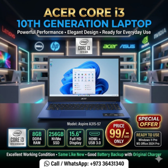 Manama, Computers, BHD 99,  ACER Inspire Core I3 10th Generation Laptop Same New 15.6" FHD Screen 8GB RAM + 256GB SSD