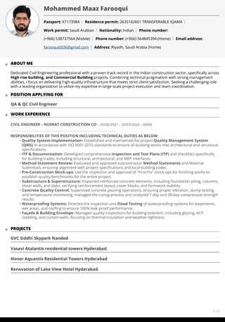 Riyadh, Job Seekers, Looking For Position Of Civil Engineer In QAQC Civil Engineering