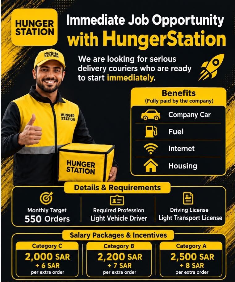 Riyadh, Jobs, JOB TITLE:COURIER DRIVER/FOOD DELIVERY