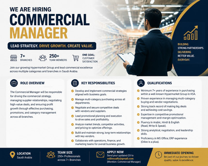 Riyadh, Jobs, HYPERMARKET COMMERCIAL MANAGER To Lead And Optimize Our PURCHASING AND VENDOR MANAGEM