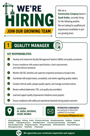 Al Jafurah, Jobs, QUALITY MANAGER