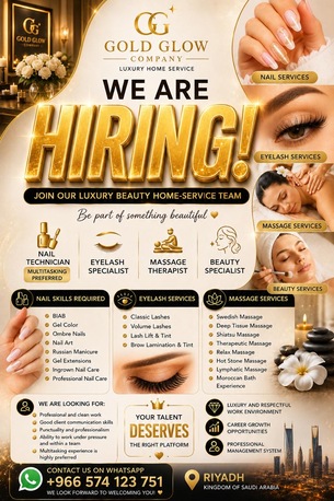 Riyadh, Jobs, Nail Technician, Eyelashes Specialist, Massage Therapist And Beauty Specialist