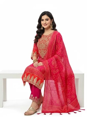 New Delhi, Clothing & Accessories, INR 2199,  Online Trendy Co-Ord Sets | Pink Red Bandhej Rs. 2199