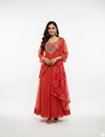 New Delhi, Clothing & Accessories, INR 2199,  Online Trendy Co-Ord Sets | Orange Bandhani Anarkali Rs. 2199