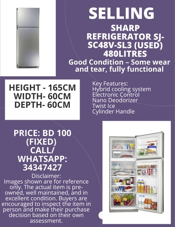 Zinj, Appliances, BHD 100,  SHARP Refrigerator 480 Litres (used)