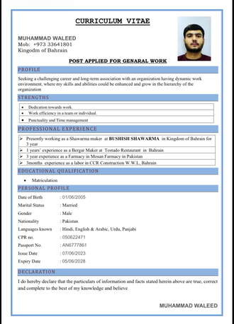 Salmabad, Job Seekers, Shawarama Maker Burger Maker Shawarama Helper