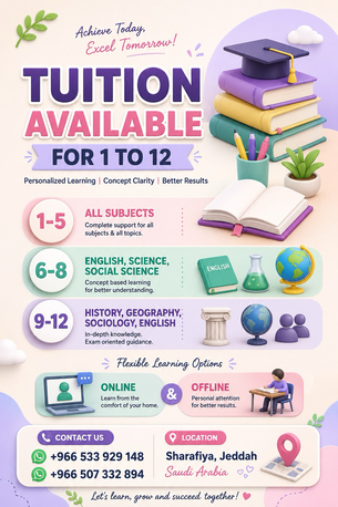 Jeddah, Lessons Offered, Tuition Available For KG To 12 For All Subjects
