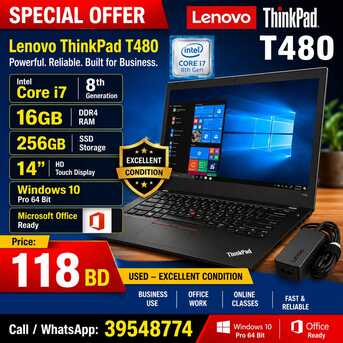 Manama, Computers, BHD 118,  Lenovo Core I7 8th Gen 16GB DDR4 RAM 256GB SSD Touch 14" FHD Win 11 Pro Office Ready