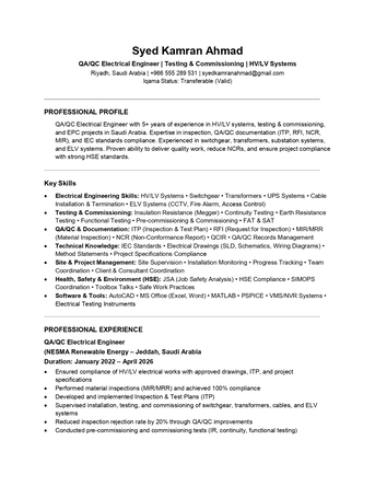 Riyadh, Job Seekers, Electrical QA/QC Engineer