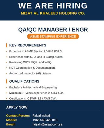 Dammam, Jobs, QA/QC Manager With ASME Stamp Experince