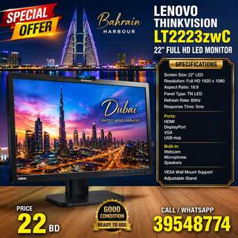 Manama, Computers, BHD 22,  LENOVO 22&rdquo; LED FHD MONITOR WITH CAMERA & SPEAKERS &ndash; SPECIAL OFFER &ndash; ONLY BHD 22! Call /