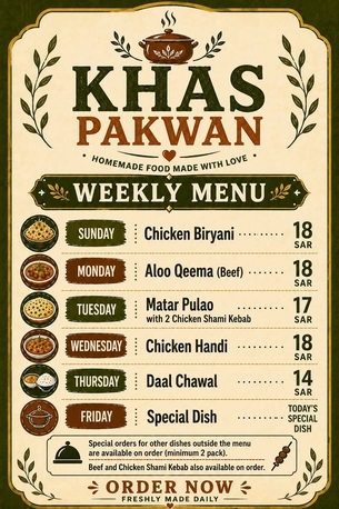 Khobar, Food, SAR 14,  Homemade Food - Weekly Menu - Daily Available