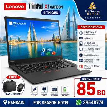 Manama, Computers, BHD 85,  Lenovo X1 Carbon &ndash; Core I7 6th Gen | 8GB RAM | 256GB NVMe SSD | FHD | Win 10 - WhatsApp