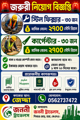 Riyadh, Jobs, জরুরি নিয়োগ বিজ্ঞপ্তি -স্টিল ফিক্সার & কার্