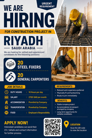 Riyadh, Jobs, Urgent Hiring - Steel Fixers - General Carpenters