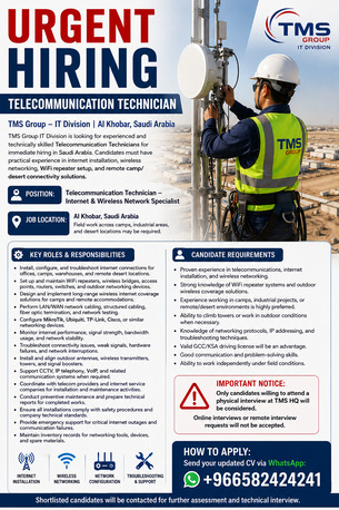 Khobar, Jobs, Telecommunication Technician &ndash; Internet & Wireless Network Specialist