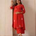 INR 1725,  Buy Women's Bold Red Feeding Maternity Silk Kurta Sets With Pants