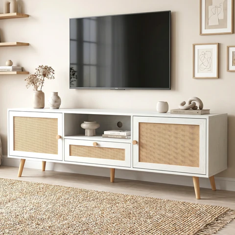 London, Furniture, GBP 109,  Wovena White Rattan TV Unit 160cm, Three Rattan Cabinet Doors, Cable Hole, Pine Legs