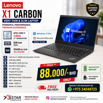 Manama, Computers, BHD 88,  LENOVO X1 CARBON Core I7 Thin & Slim Laptop 14" Display 8GB RAM 256GB SSD M.2 35x Fast