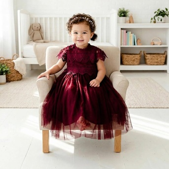 New York, Clothing & Accessories, USD 87,  Maroon Lace Flower Girl Dress, Burgundy Bohemian Tulle Gown, Rustic Style Outfit For Girls