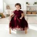 USD 87,  Maroon Lace Flower Girl Dress, Burgundy Bohemian Tulle Gown, Rustic Style Outfit For Girls