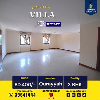 Budaiya, Villas, BHD 400,  280 Sq. Meter,  Beautiful Garden Villa For Rent In &ndash; Al Qurayya  Bd.400/-