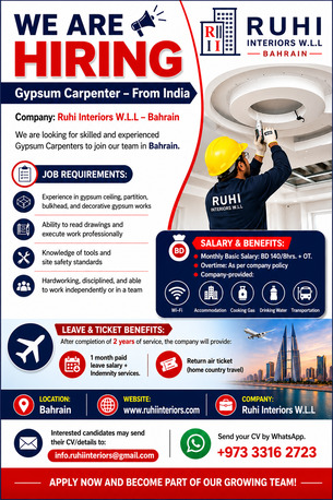 Manama, Jobs, WE ARE HIRING GYPSUM CARPENTER