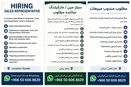 Riyadh, Jobs, Hiring Sales Representative &ndash; Indian Nationality