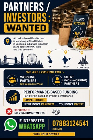 London, Business Partners, New LONDON CLOUD KITCHEN PROJECT (Keralite Owned) - UK/India/Gulf Performance Base Funding