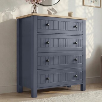 London, Furniture, GBP 139,  Linra Blue Painted 4 Drawer Chest Of Drawers, Oak Veneer Top, W83 X D42 X H95cm